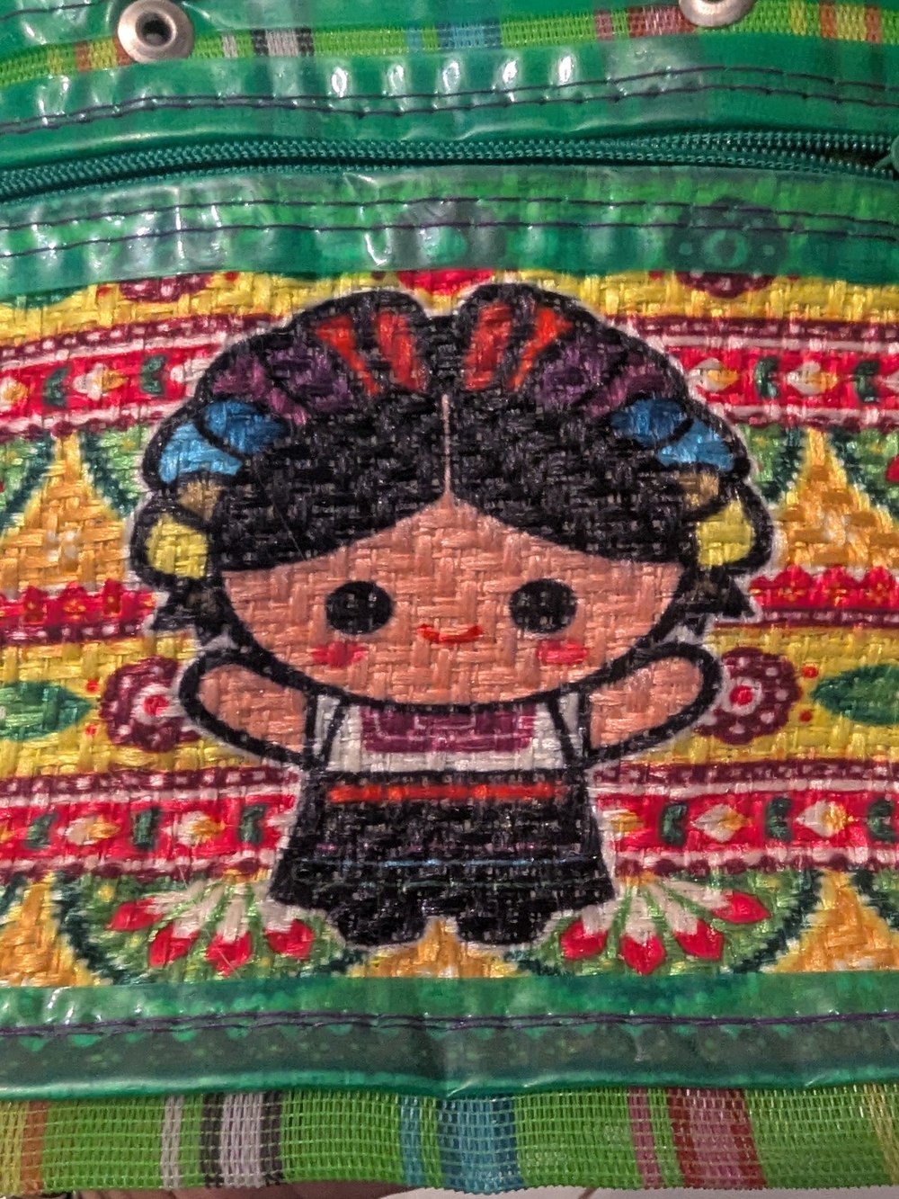 Colorful Green Woven Folk-Style Tote Bag with Embroidered Character